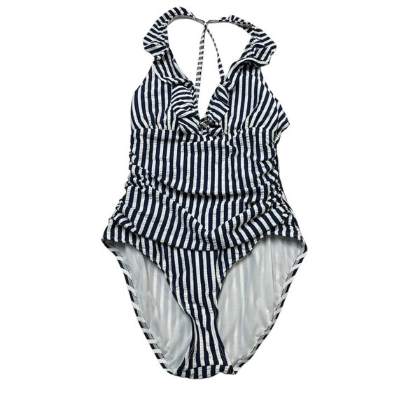 Ellen Tracy Swimsuit Womens 12 Navy Stripe Ruffle Top Ruched One Piece Nautical - Picture 1 of 5